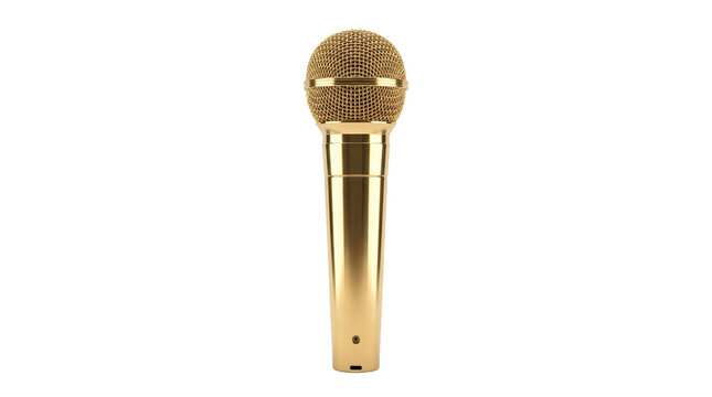 Shiny gold metallic vocal microphone with textured mesh head, isolated PNG with Transparent Background