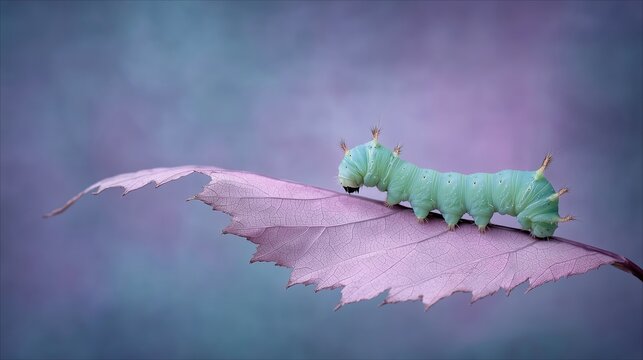 Chenille verte aux &eacute;pines dor&eacute;es pos&eacute;e sur une feuille d'automne ros&eacute;e