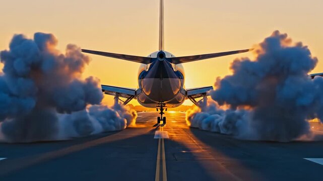 Airplane taxiing on runway at sunset with engine smoke. Jet powering up for takeoff in dramatic front view. Cinematic aviation sequence showing departure and thrust from airport tarmac.