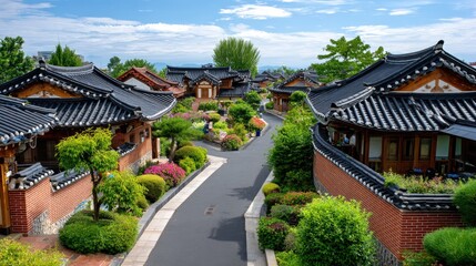 Obraz premium Scenic View of Traditional Korean Houses Surrounded by Lush Greenery and Colorful Flowers under a Bright Blue Sky