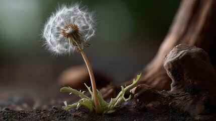 Pissenlit en graines pr&ecirc;t &agrave; s'envoler sur terre brune avec pierres
