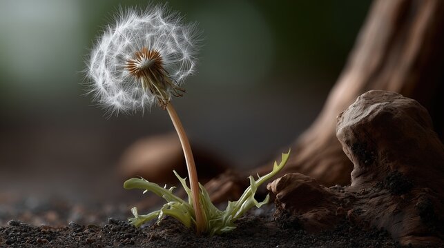 Pissenlit en graines pr&ecirc;t &agrave; s'envoler sur terre brune avec pierres