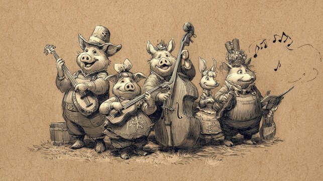 Charming Barnyard Band of Playful Pigs with Musical Instruments in Vintage Style Illustration
