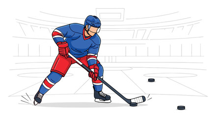 Obraz premium Ice hockey player in action on the rink, wearing blue and red uniform, stick handling the puck during a game