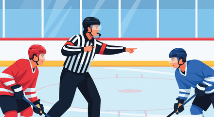 Obraz premium Ice Hockey Referee Signaling a Penalty During a Game with Two Players in Uniforms on the Ice