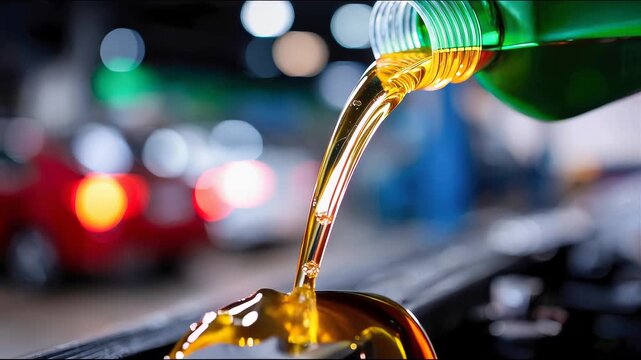 Fresh golden motor oil pours from a green container into a car engine at a service station, representing automotive maintenance and lubrication