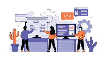 Professional team working on software development and data analysis shown in a clean modern flat vector illustration.