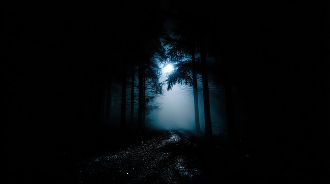 cryptographer. A misty forest path at night with moonlight filtering through silhouetted trees and atmospheric fog. travel magazines, destination branding, designed for travel destination branding.

