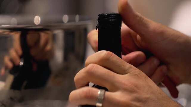 Person's hands opens a bottle of wine. Opening a bottle of wine in a restaurant during a social gathering. Party time.