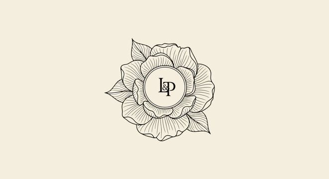 Elegant hand drawn rose with initials LP in the center.