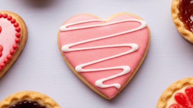 Flat top view of a delicious assortment of shortbread cookies, including heart shapes with pink frosting and red jelly filling.
