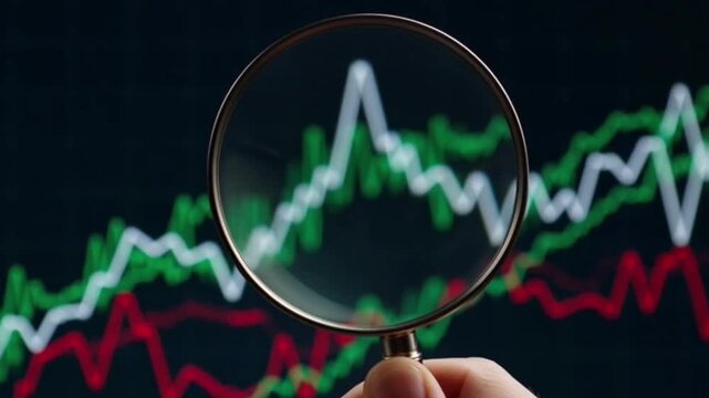 A hand holding a magnifying glass enlarges candlestick charts of the stock market and upward financial trend lines on a monitor screen.
