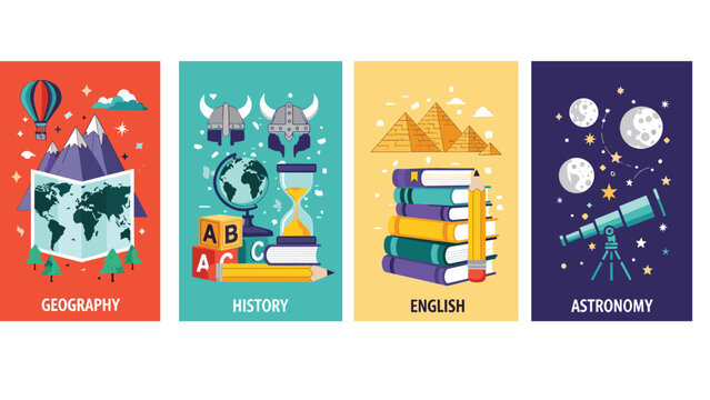 Educational infographic showing cards for geography history english and astronomy with related school icons.