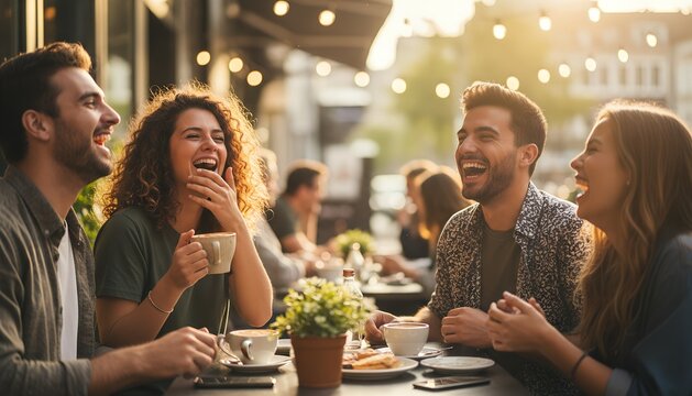 Friends Enjoying Coffee and Laughter at an Outdoor Cafe During Golden Hour