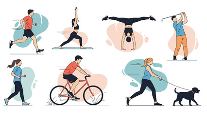 Fototapeta premium Diverse collection of people participating in different physical activities including running, yoga, cycling, golf, and walking a dog.