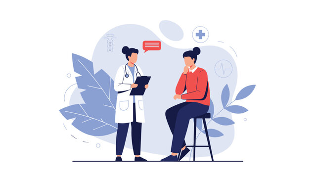 Professional female doctor in a white coat consulting with a female patient sitting on a stool in a clean modern medical office environment.