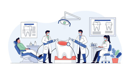 Fototapeta premium Tiny dental professionals performing a complex operation on a giant human tooth model for oral healthcare and hygiene education.