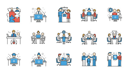 Fototapeta premium Extensive set of flat vector icons depicting diverse office collaboration, teamwork, meeting scenarios, and professional business interactions at work.