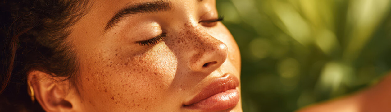 Close up of woman with freckles enjoying sunlight on her face showing authentic beauty and reality of natural skin in warm light