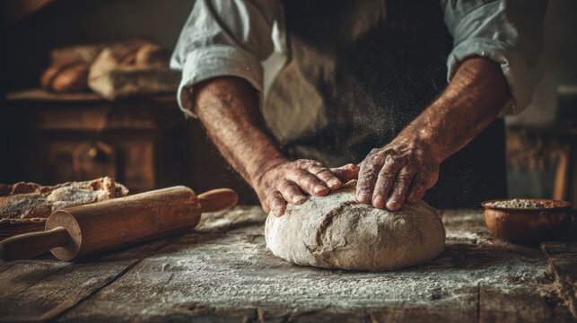 Authentic baker hands kneading dough on wooden table with flour and rolling pin showing reality of traditional bread making process in warm light