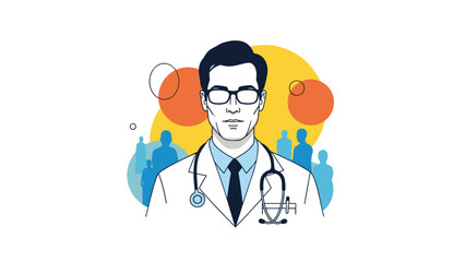 Fototapeta premium Professional male doctor wearing a white lab coat and stethoscope stands confidently in front of a colorful abstract background.