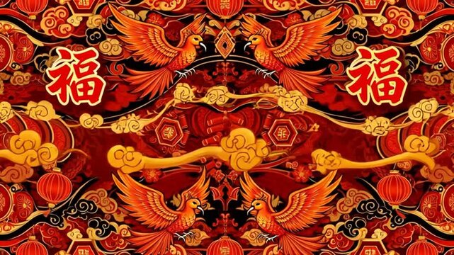 Vibrant Chinese New Year background with phoenixes and lanterns