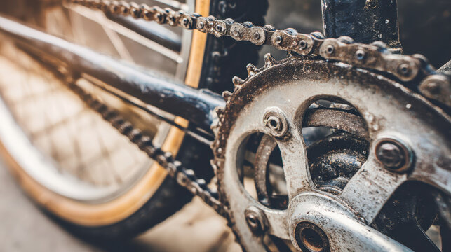 Bicycle chain and gear close up showing authentic mechanical reality with worn metal parts and detailed texture in natural light