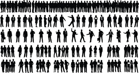 Naklejka premium Silhouettes of people in business attire including suits, dresses, and groups symbolizing diversity and social interaction