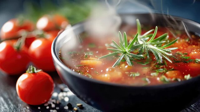Heart-shaped bowl of hot vegetable tomato soup with herbs and steam, healthy comfort food concept