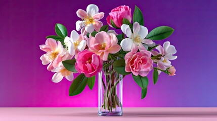 Naklejka premium Vibrant Flower Bouquet with Pink Roses and White Blossoms in Clear Glass Vase Set Against a Soft Purple Background for Decorative Use