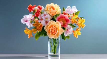 Obraz premium Colorful Bouquet of Fresh Cut Flowers in a Glass Vase Against a Soft Gradient Background, Perfect for Home Decor and Floral Arrangements