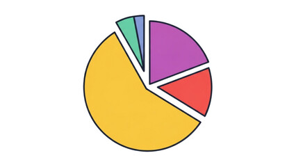 A colorful pie chart divided into five sections displayed on a neutral background from a straightforward viewpoint