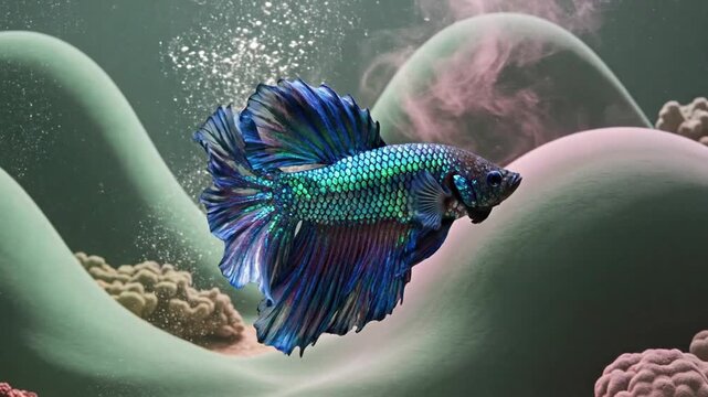 Blue Betta Fish Swimming in Aquarium.
