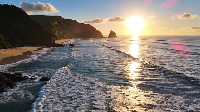 Aerial view of coastal cliffs and ocean at golden hour sunset
