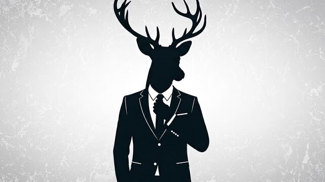 Silhouette of deer-headed man in suit walking and adjusting tie on textured background
