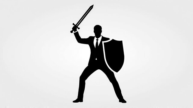 Silhouette of businessman holding sword and shield in defensive pose
