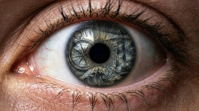 Close-up of an eye in which patterns representing the marine world can be seen