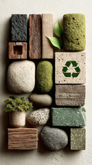 Natural materials are arranged in a wooden tray for Earth Day. Recycling symbols are visible on stones and moss, promoting eco-friendly activities and awareness