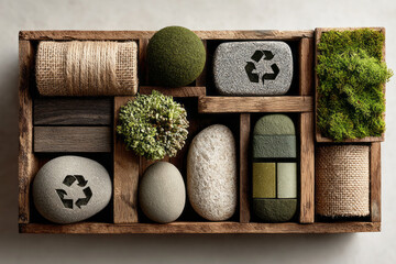 Natural materials are arranged in a wooden tray for Earth Day. Recycling symbols are visible on stones and moss, promoting eco-friendly activities and awareness