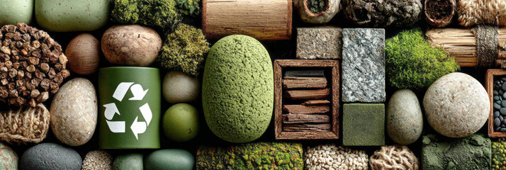 Natural materials are arranged in a wooden tray for Earth Day. Recycling symbols are visible on stones and moss, promoting eco-friendly activities and awareness