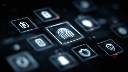 Fototapeta premium Personal digital identity wallet secured by blockchain, biometric access icons, modern cybersecurity interface