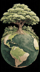 A tree stands tall with lush green leaves shaped like the Earth. It represents environmental protection and the effort to raise awareness on Earth Day for a better world