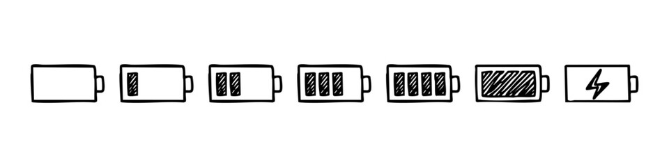 Hand-drawn battery charge status icons set showing energy levels from empty to full and a charging indicator. Minimalist doodle style vector. © Nort Kor