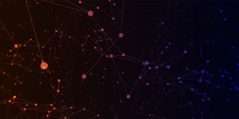 Fototapeta premium Abstract dark technology background featuring interconnected dots and lines forming a digital network across warm orange, purple, and cool blue gradients.
