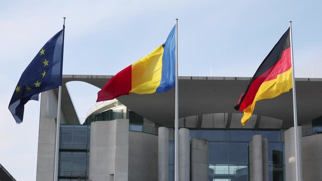 European Union, Romania and Germany flags are seen during political heads of state meeting