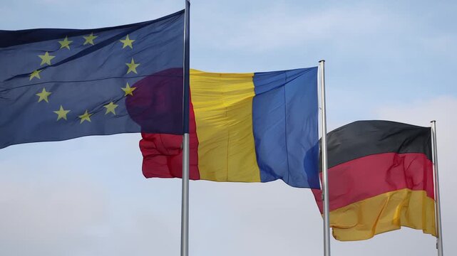 European Union, Romania and Germany flags are seen during political heads of state meeting