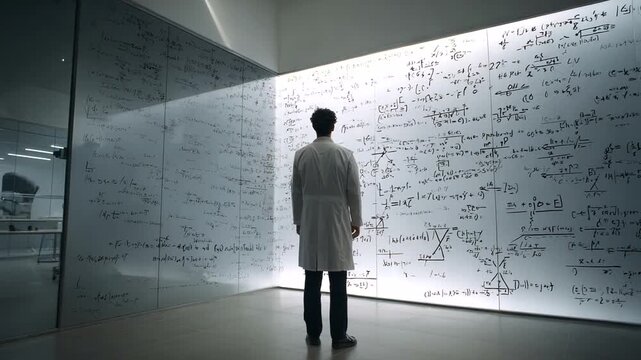 Scientist Contemplating Complex Equations on a Wall in a Laboratory Setting.