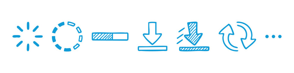 Set of hand-drawn loading and download icons including progress bars, refresh symbols, and waiting indicators in a black, blue, light blue doodle sketch style. © Nort Kor