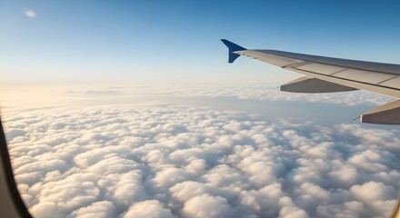 Fototapeta premium Airplane wing flying above white clouds in sky