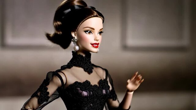Woman doll model with brown hair wearing a black lace dress and pearl earrings posing for fashion concept